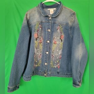 K Jordan Blue Denim Jacket Floral Women Plus Size 2x Embroidered Distressed Rose